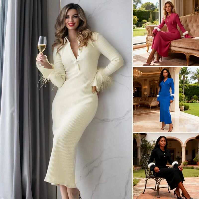 European and American Cross-Border French-Style Fashion Elegant Plain Knitted Ribbed Long-Sleeve Feather Lapel Long Dress for Women European and American Cross-Border French-Style Fashion Elegant Plain Knitted Ribbed Long-Sleeve Feather Lapel Long Dress for Women