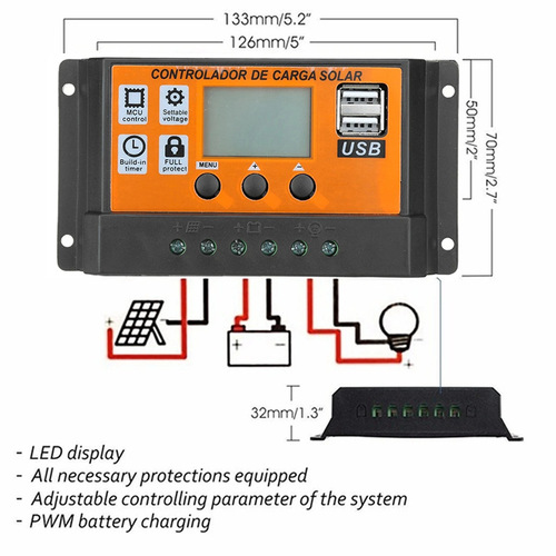 Solar Controller 0-100A 12V / 24V Dual USB LCD Solar Panel Charger Orange Controller