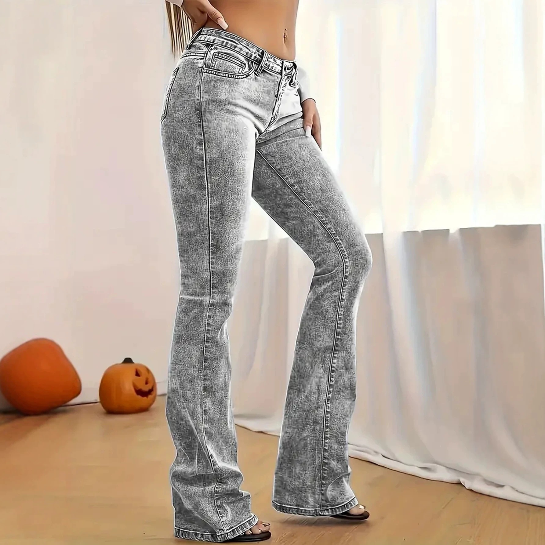 Jeans Acampanados para Mujer de Mezclilla de Algodón Cintura Media y Ligeramente Elásticos image 5