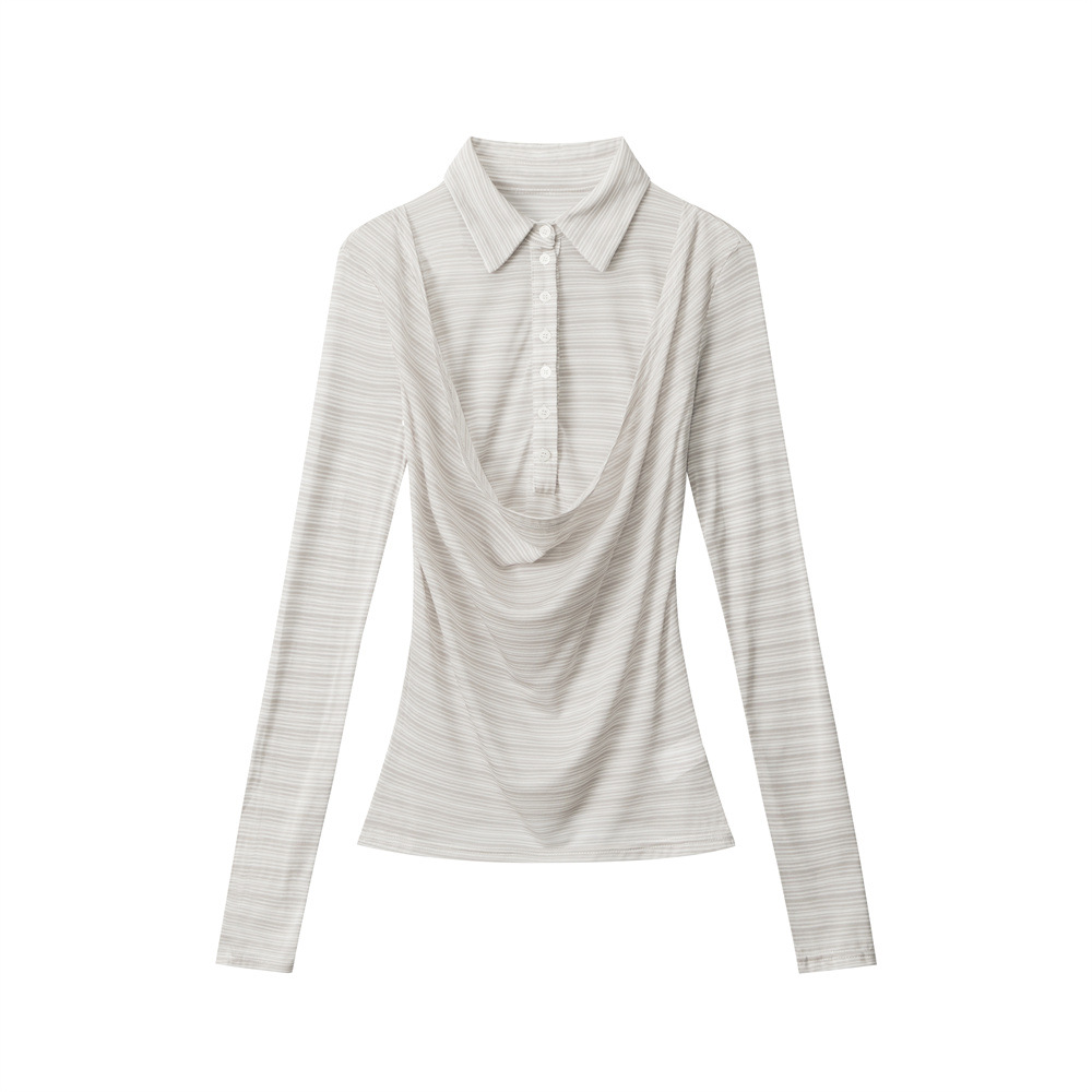 HeyHenry フェイクツーピース スリムフィット 長袖 Tシャツ ポロシャツ イレギュラーストライプ インナー フロントショルダートップ レディース