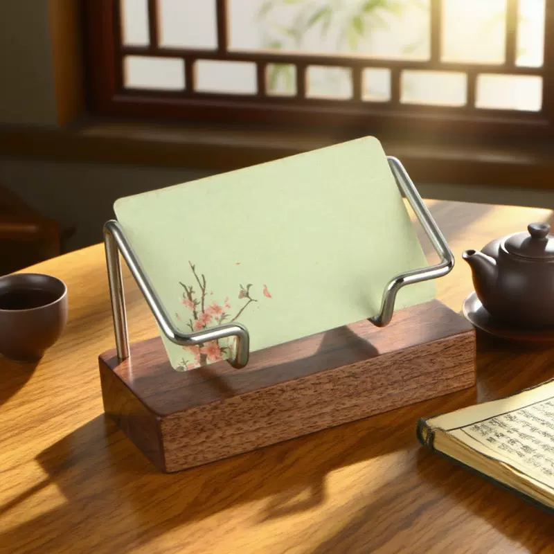 亚马逊热销定制金属名片座黑胡桃木名片收纳架实木卡片架