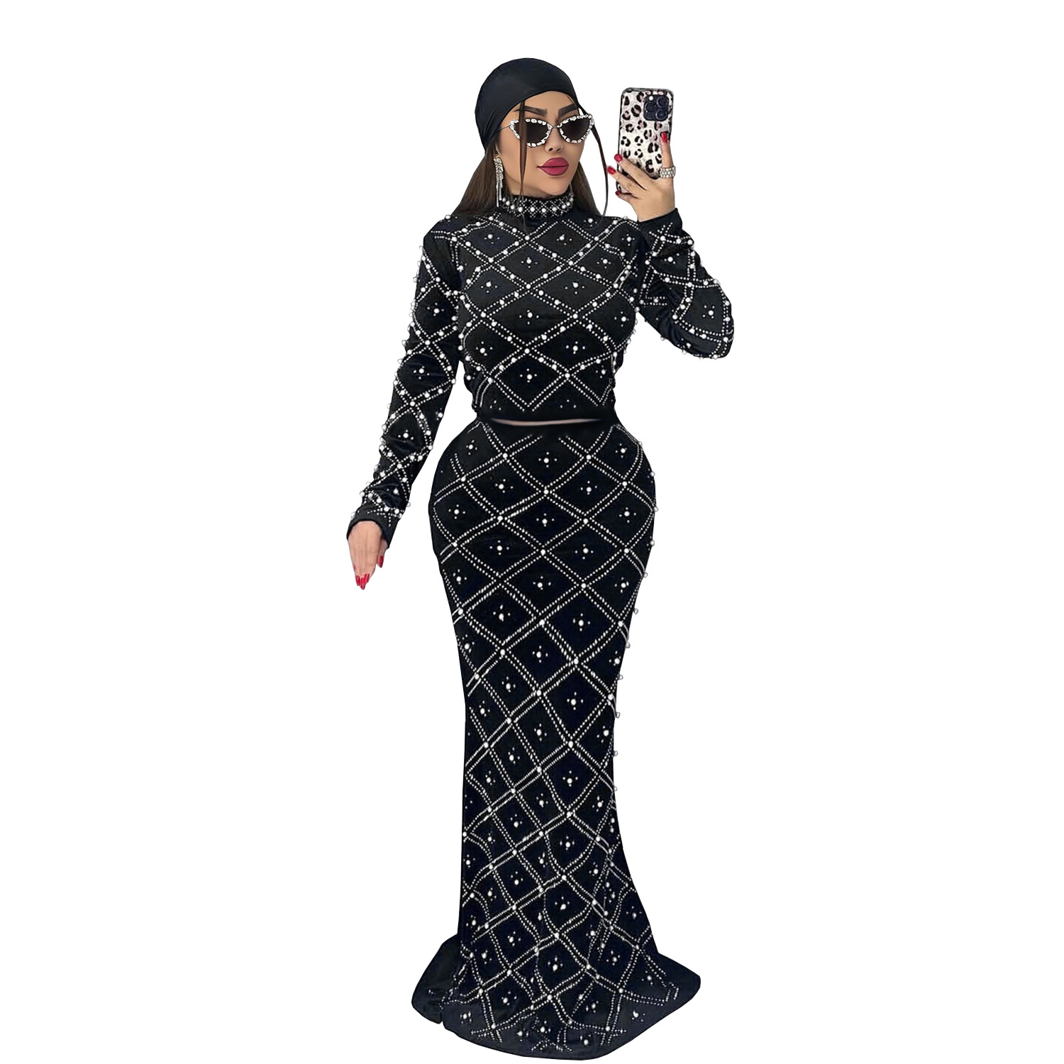 C7618 Aliexpress transfronterizo Amazon Europa y América moda de mujer elegante chaqueta de perlas de diamante caliente vestido larga de dos piezas