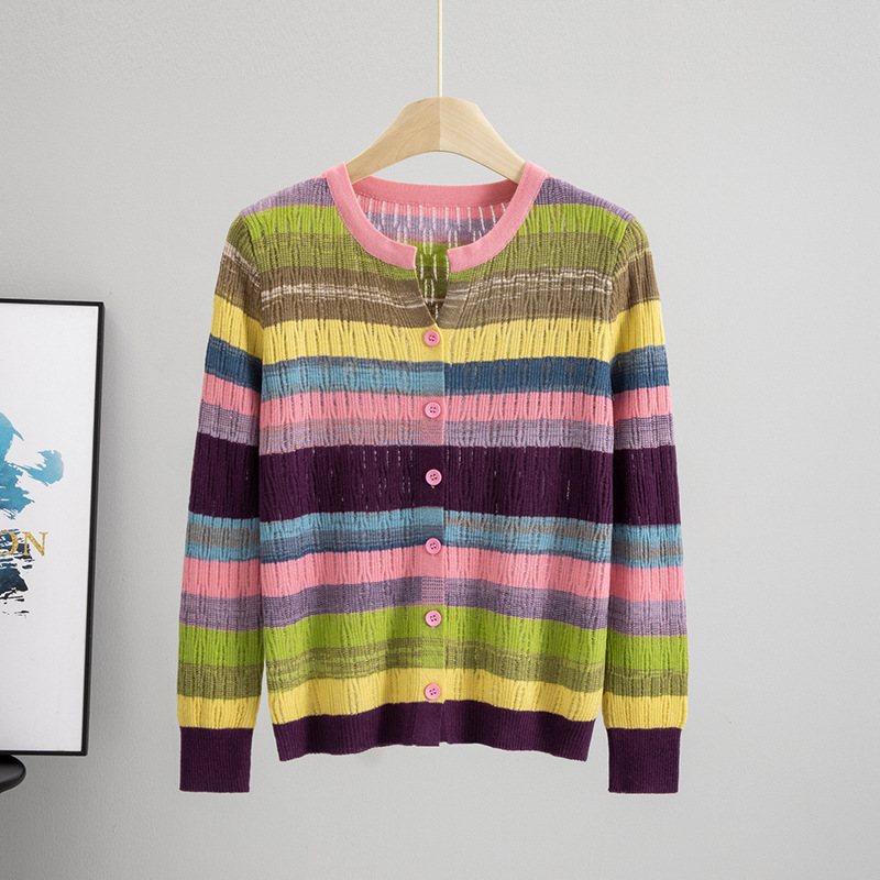 Cross-border European Color Knitted Sweater Cardigan Women's Spring and Summer New Air-conditioning Shirt Hollow Striped Base Top Sunscreen Shirt