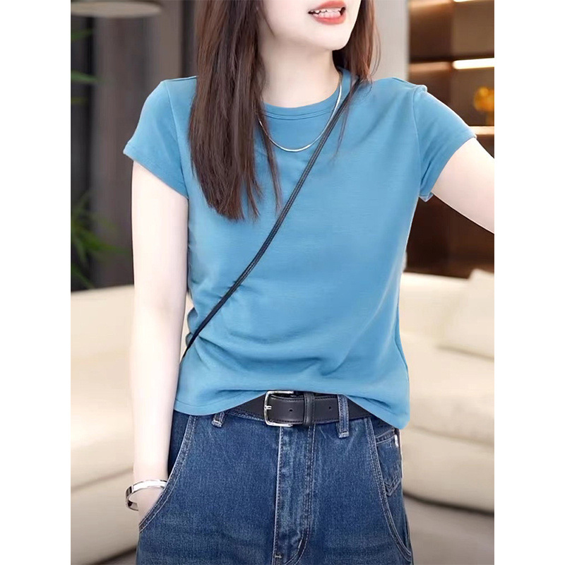 Unique Lake Blue Regular Shoulder Round Neck Pure Cotton Short-Sleeve T-Shirt for Women, Summer Fashion Versatile Stylish Youthful Top
