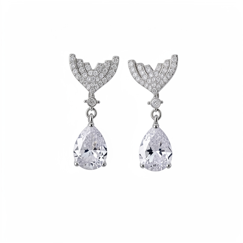 Agujas de plata de piedra de piedra de cauda de pescado gota de agua temperamento exquisito personalidad pendientes de nicho ligero lujo alta sensación de auriculares al por mayor