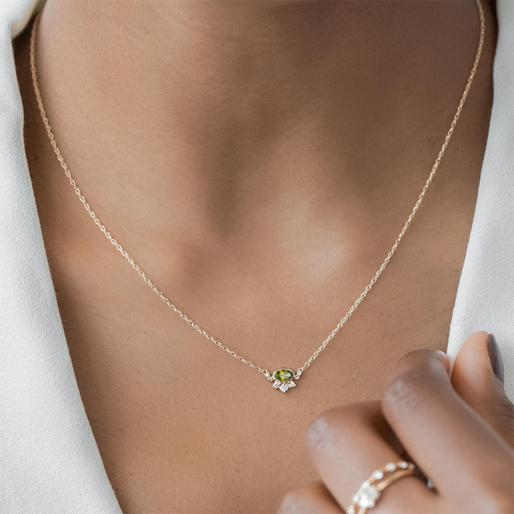 S925 plata de ley en forma de huevo color verde oliva circonita colgante collar femenino europeo y americano transfronterizo estilo color tesoro cadena de clavícula collar