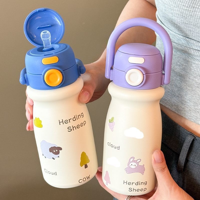 Children's stainless steel double-drink insulated cup, cartoon portable cute cup for boys and girls, high-appearance portable water cup