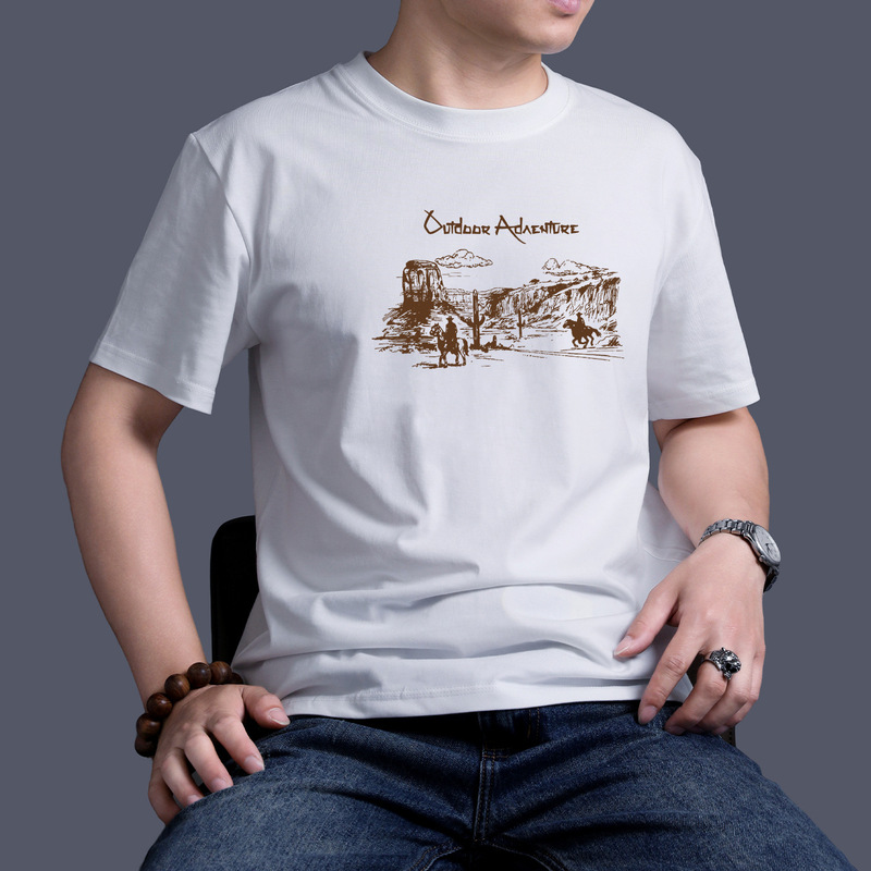 Short-Sleeved T-Shirt for Men 2026 New Summer Pure Cotton Round Neck Half-Sleeved Top Trendy Retro Western Cowboy Men's Clothing