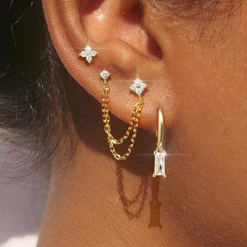 brass geometric square earrings with zircon