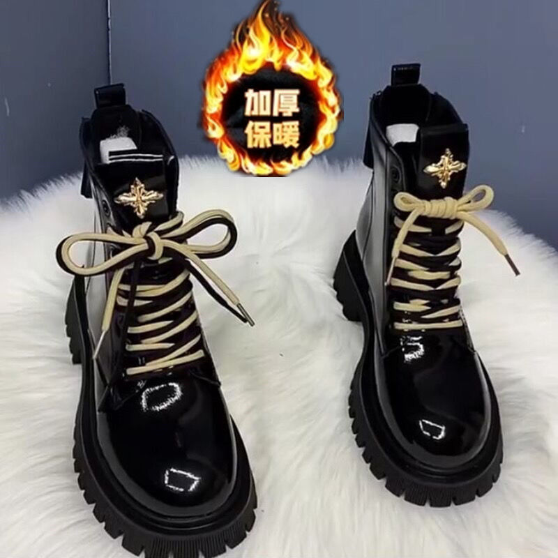 Genuine Soft Leather Martin Boots for Women, Thickened and Stylish 2025 New Autumn/Winter Fashion Mid-Heel Thick-Soled Single Boots, British Style Short Boots