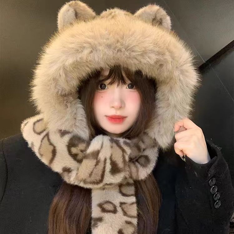 Invierno nuevo oso orejas gorra de peluche leopardo gorra bufandas sombrero de mujer en un espesor de protección de orejas caliente gorra Thunderfeng