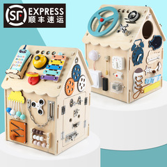 Cross-border children's Montessori early education wooden busy house, phone, unlock box, knock piano, multi-functional educational toy