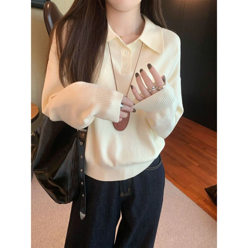 Korean Style Polo Collar Relaxed Knitted Sweater for Women 2025 Spring Simple Lazy Bottoming Shirt Loose Inner Top