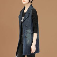 西装领中长款牛仔马夹外套女春秋装2023年新款宽松背心马甲上衣女