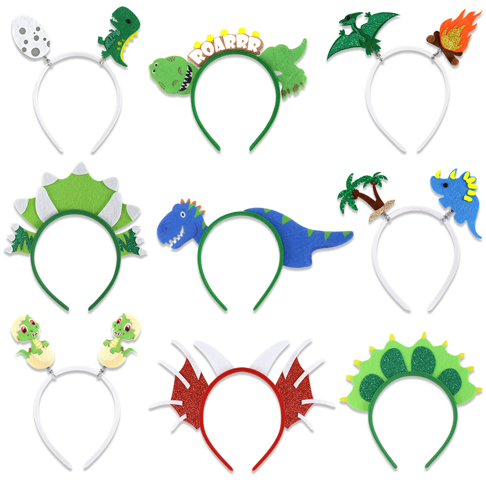Dinosaurio infantil cabello de flor de bosque tema de cumpleaños decoración de fiesta tiranosaurus aro de huevo de dinosaurio alas de dragón botón de cabeza