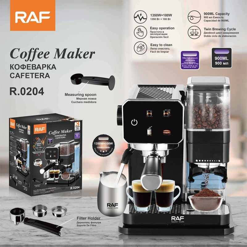 RAF European standard semi-automatic espresso machine, double cup, 15 bar, with built-in grinder, hot brewing, milk frother, and steam function, 0.9L capacity RAF European standard semi-automatic espresso machine, double cup, 15 bar, with built-in grinder, hot brewing, milk frother, and steam function, 0.9L capacity