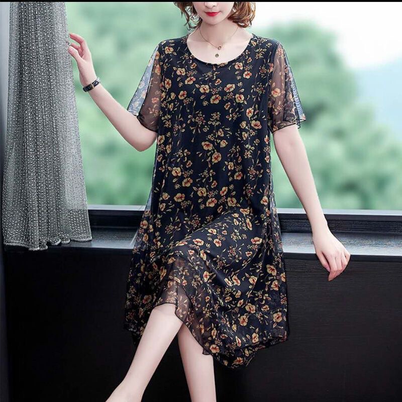Middle-Aged Mom's Mesh Dress 2026 Summer New Style Plus-Size Women's Mid-Length Loose Dress That Covers the Belly and Makes You Look Slimmer Middle-Aged Mom's Mesh Dress 2026 Summer New Style Plus-Size Women's Mid-Length Loose Dress That Covers the Belly and Makes You Look Slimmer