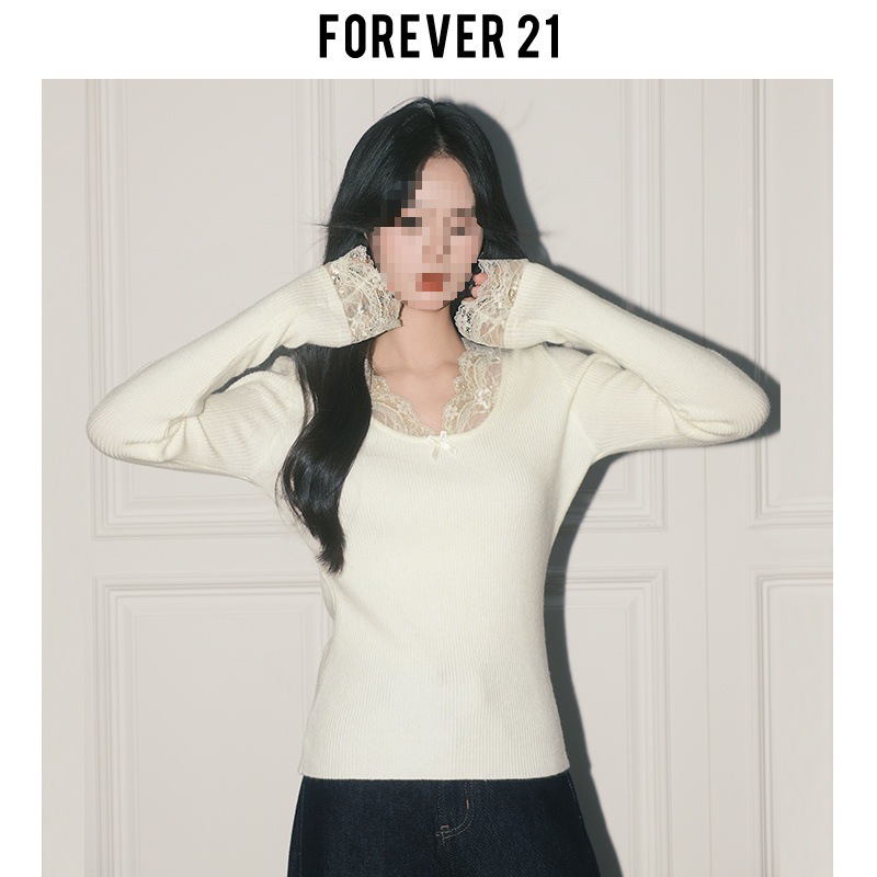 Forever21纯欲杏色蕾丝拼接V领上衣女秋冬法式打底长袖修身针织衫|undefined