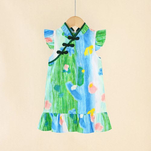 Girls' cheongsam dress 2024 summer new improved version ethnic style summer style cheongsam dress princess
