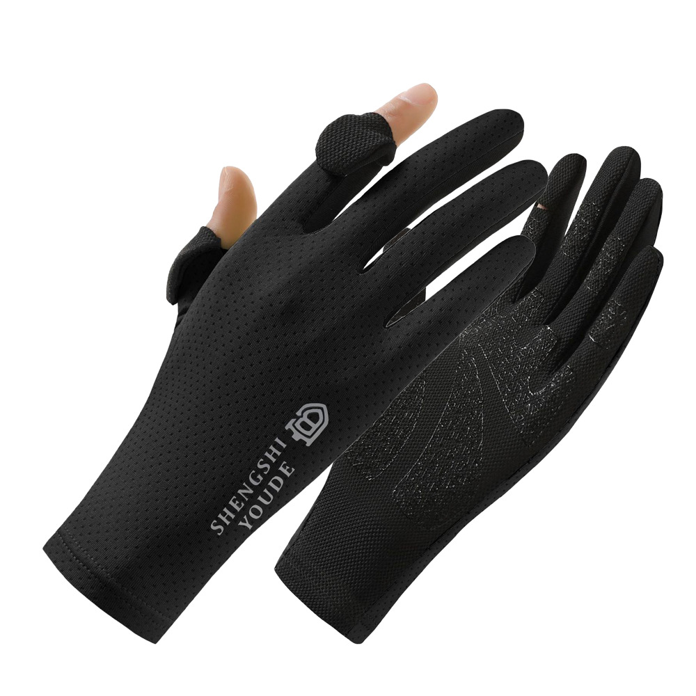 Guantes de protección solar para mujer, verano al aire libre, seda de hielo fina, deportes, conducción, conducción, antideslizante, dedos con fugas, guantes de pesca de dos dedos