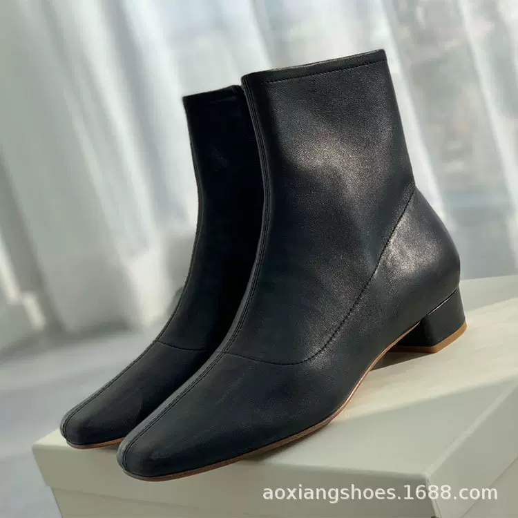 保加利亚版本法式女靴小方头侧拉链短靴粗跟羊皮羊驼皮真皮女靴