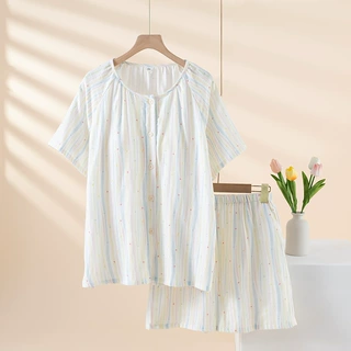 夏季带胸垫睡衣女纯棉纱布甜美短袖圆领薄款全棉免文胸家居服套装