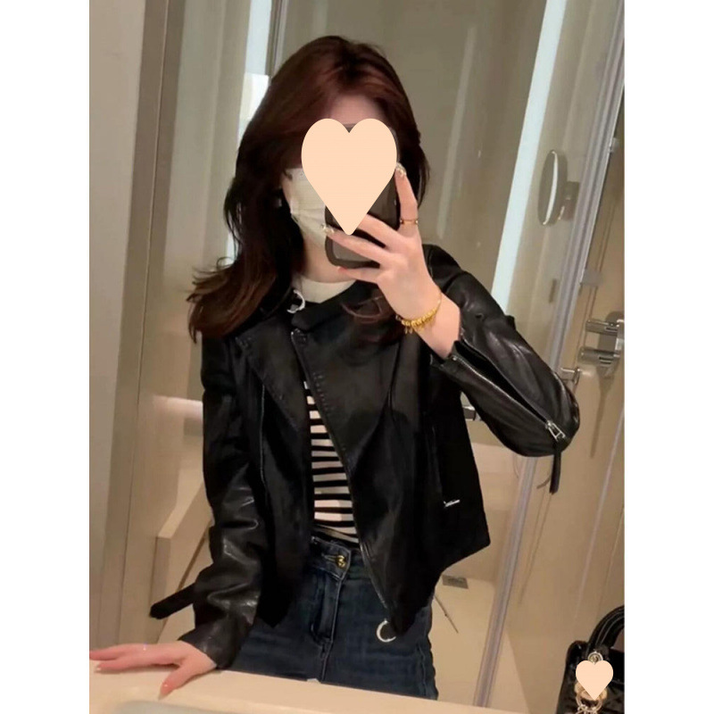 Black Leather Jacket Women's Short Spring and Autumn New Style Petite Casual Slim Motorcycle Jacket