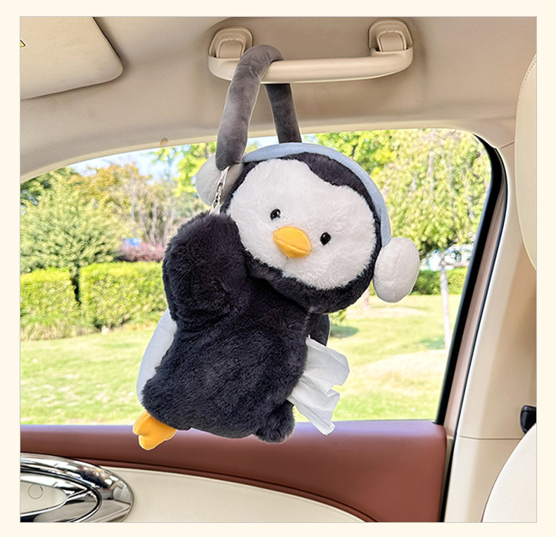 Cartoon Car Tissue Box Plush Toy Multifunctional Hanging Tissue Bag Cute Penguin Car Tissue Holder