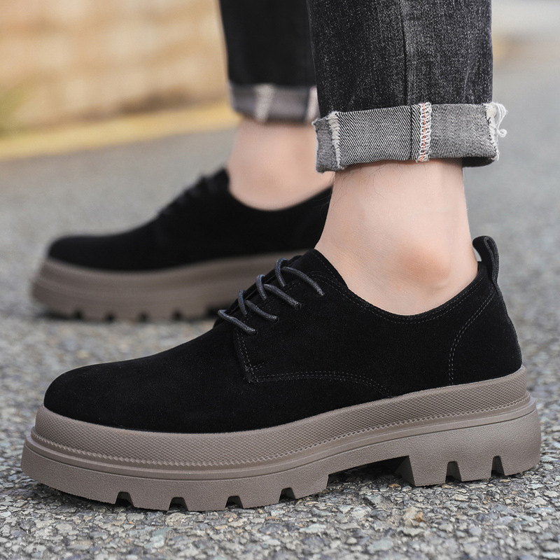 2026 Autumn Men's Fashion Retro Lace-Up Work Shoes Trendy Height-Increasing British Style Versatile Low-Top Thick-Soled Shoes