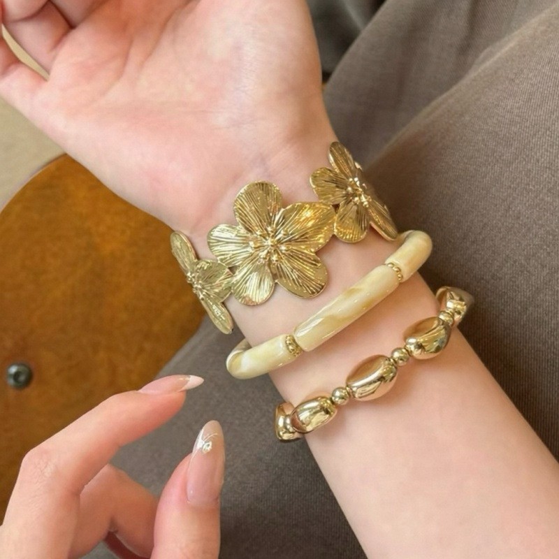 Bracelet, set, french style, flowered, 3 piece set, material