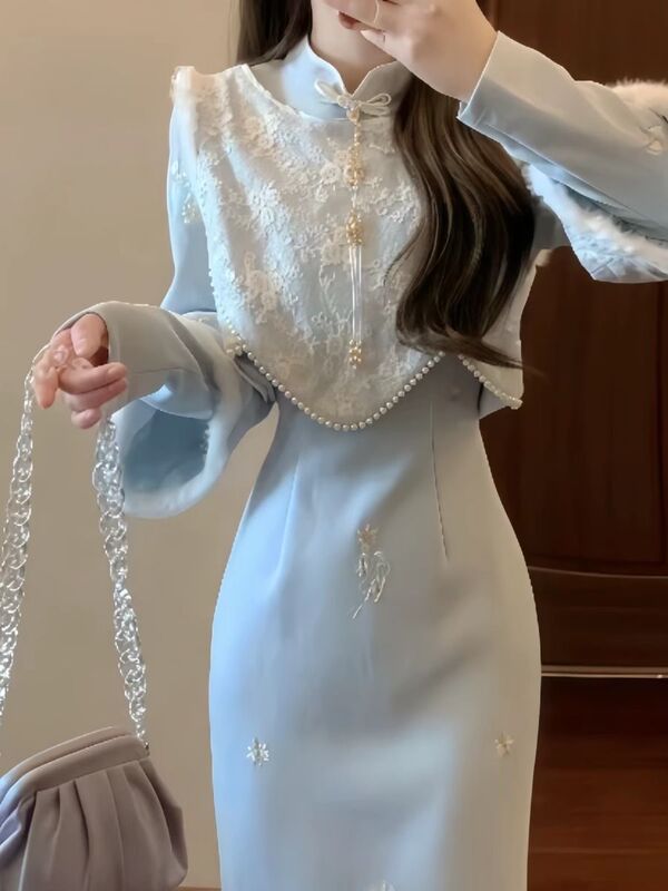 New Chinese Style Cheongsam for Ladies in the Republic of China, Gentle Style, Autumn and Winter Two-Piece Suit Dress for Women