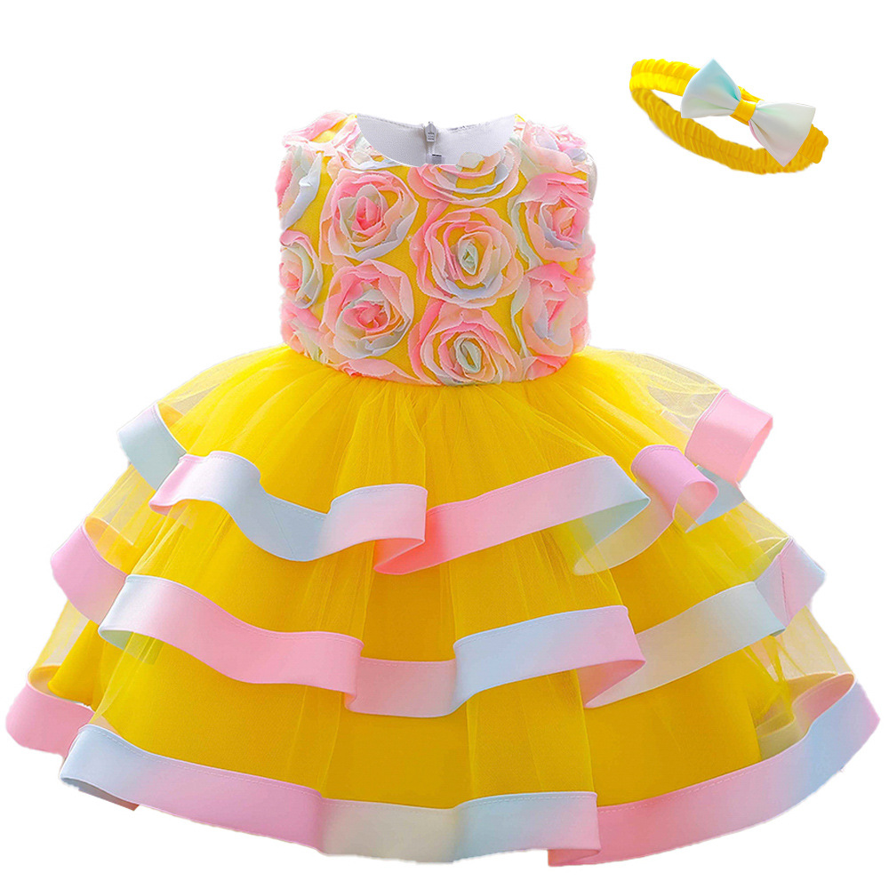 Vestido para niñas, vestido de bautizo para bebés de un año, vestido de princesa con flores tridimensionales de malla, vestido de cumpleaños con falda abullonada de colores.