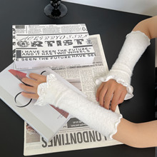 日系亚马逊跨境冬季新品獭兔毛绒加厚保暖绸缎花边长款手袖手套女