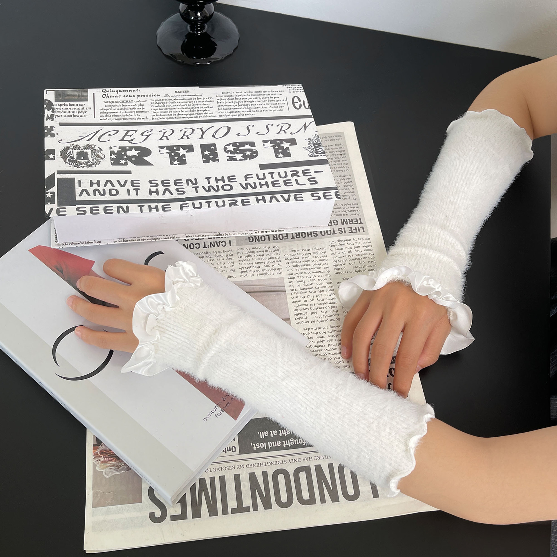 日系亚马逊跨境冬季新品獭兔毛绒加厚保暖绸缎花边长款手袖手套女