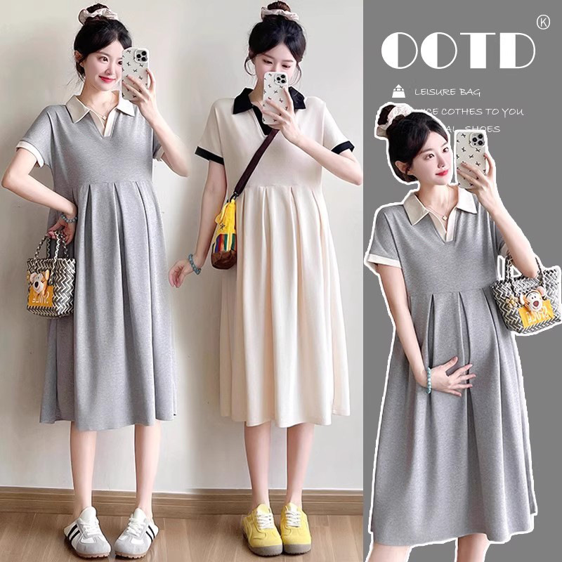 Maternity Skirt Summer 2025 New Style Pregnant Mother High-End Wear Casual Loose Polo Collar Long Skirt Summer Maternity Dress