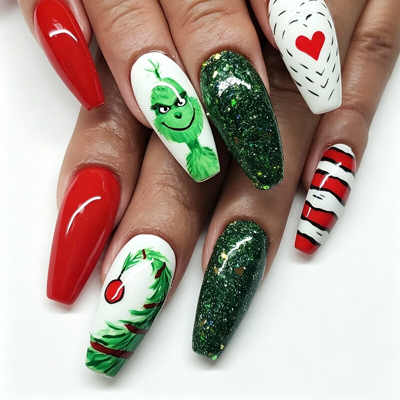 Nail art press-on nails Christmas cartoon Grinch Christmas tree red and green stripes green glitter sequin nail patches