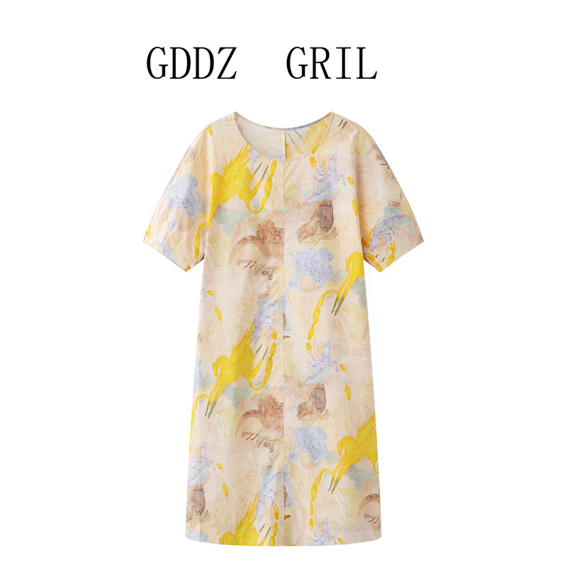 In Stock 2026 Summer New Fashion Loose-Fitting Stylish Oil Painting Graffiti Print Patchwork Round Neck Short-Sleeve Dress for Women In Stock 2026 Summer New Fashion Loose-Fitting Stylish Oil Painting Graffiti Print Patchwork Round Neck Short-Sleeve Dress for Women