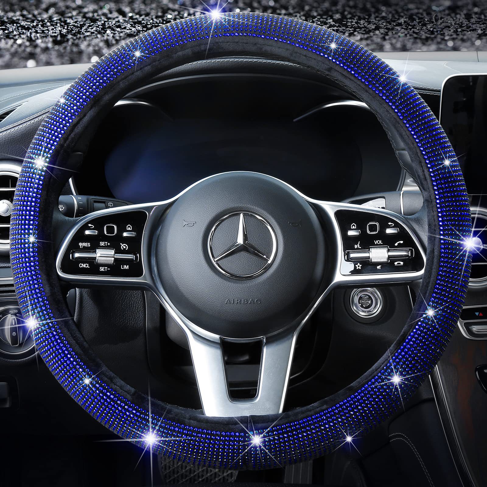 Car Steering Wheel Cover with Diamonds, No Inner Ring, Full Diamond Rhinestone Cover with Diamond Mesh, Hot-Studded Diamonds, Full Diamond Elastic Grip Cover
