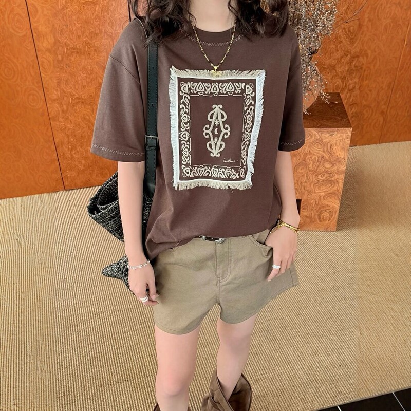 Shenzhen Nanyou Niche Design New Retro Ethnic Style Tassel Patch Embroidery Loose Slimming Short-Sleeve T-Shirt for Women