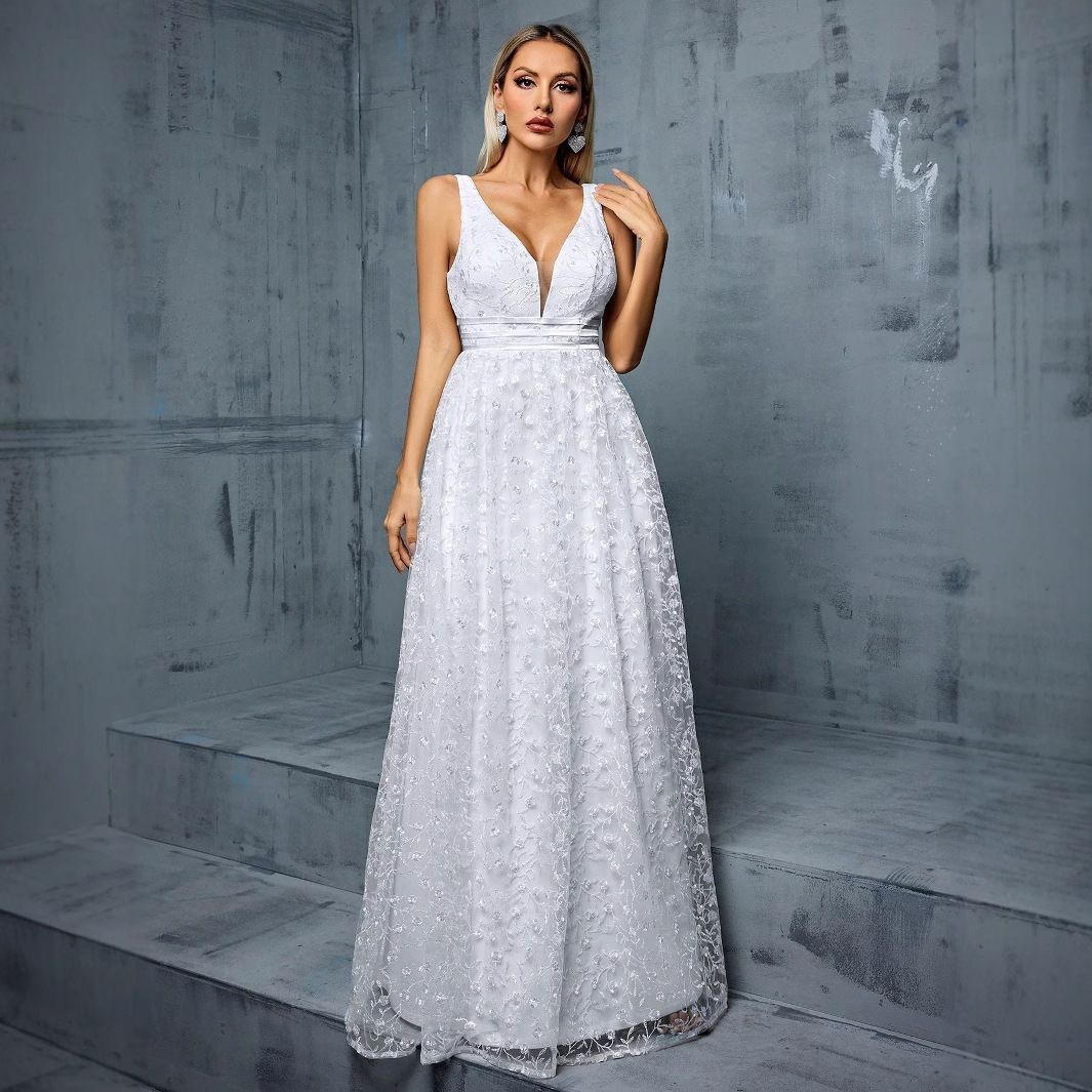 White suspenders V-neck big skirt dress big skirt banquet ball evening dress Amazon foreign trade dress wholesale