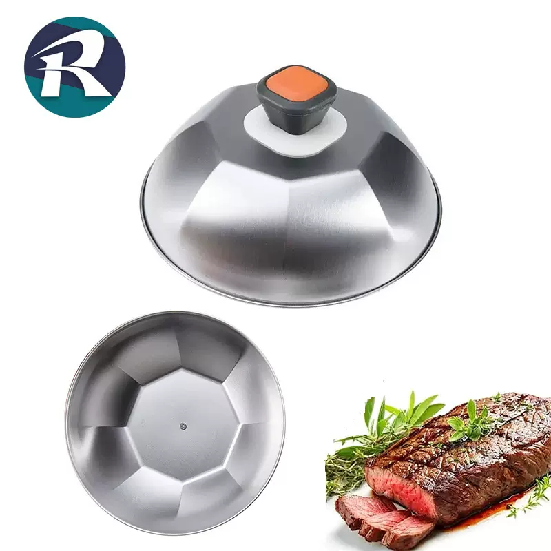 现货不锈钢牛排盖子砂光锅盖9寸铁板烧盖牛扒防烫盖户外BBQ烧烤盖