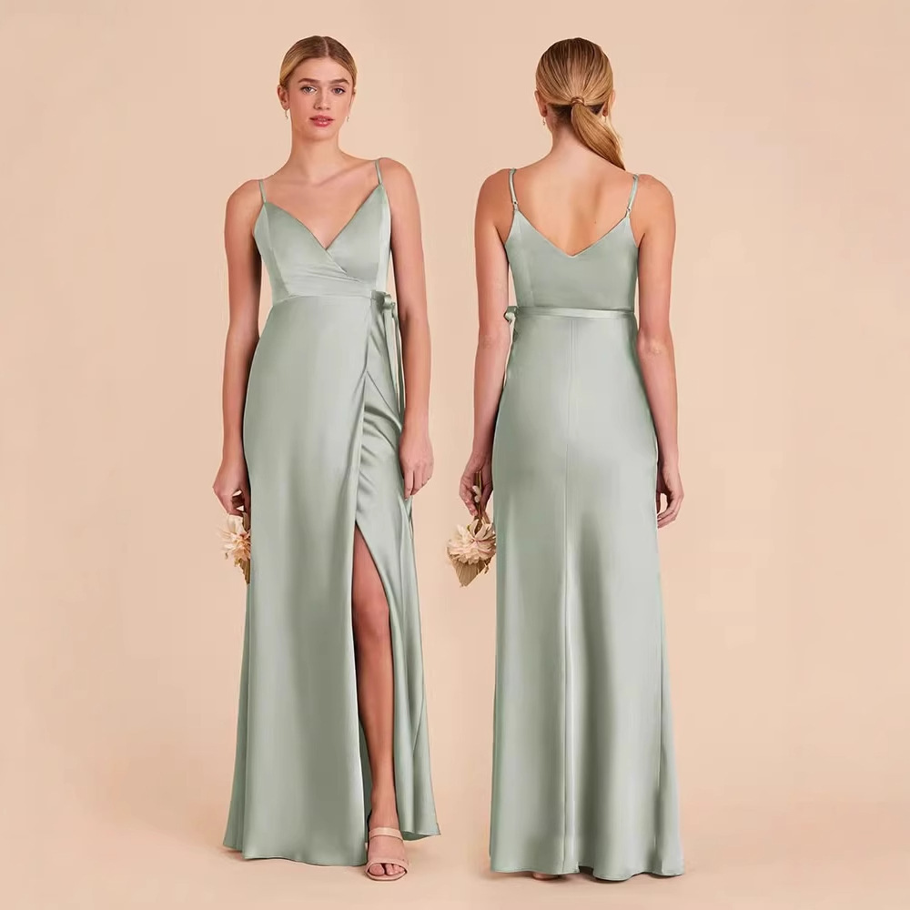 El nuevo vestido de dama de honor simple, el vestido de diseño colgante, generalmente puede usar un vestido de grupo hermano delgado verde de nicho, verano