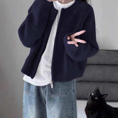 藏蓝圆领针织开衫女秋冬学院风软糯百搭学生潮牌毛衣外套拉链卫衣
