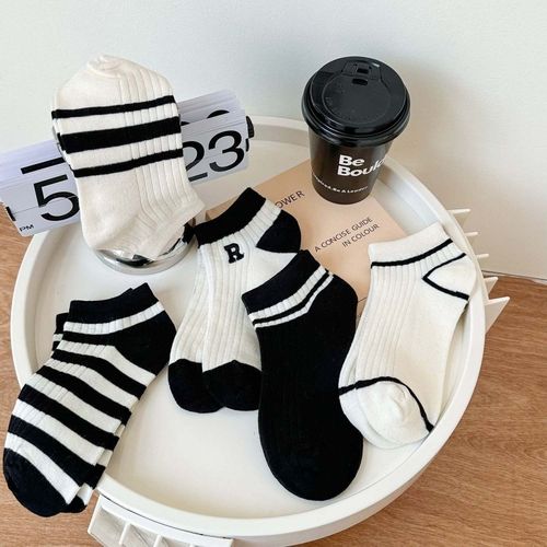 Black and White Striped Girls' Short Socks Spring and Summer Thin Version Ins Trendy Versatile Cartoon Letter Sports Breathable Versatile Ship