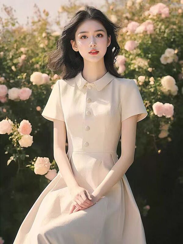 2025 新しい夏のレトロなスカート韓国スタイルラペル小さな香りスタイルハイエンドフレンチウエストドレス女性のための|undefined