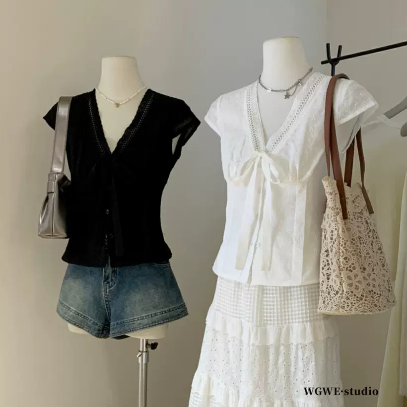 清仓不退换温柔蕾丝花边短袖衬衫夏甜美蝴蝶结系带收腰小衫W5384