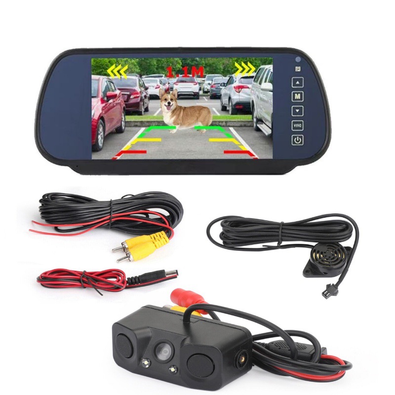 Hd 7inch Rearview Mirror Monitor + 3-in-1 Parking Radar Sensor Reversing Camera Rear View
