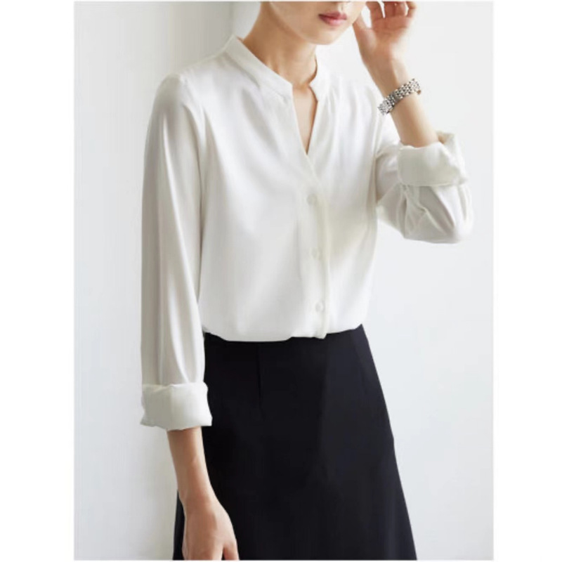 Commuting Simple V-Neck Satin 2023 Long-Sleeve Shirt for Women, Niche French Style, Interview Professional Button-Up Versatile