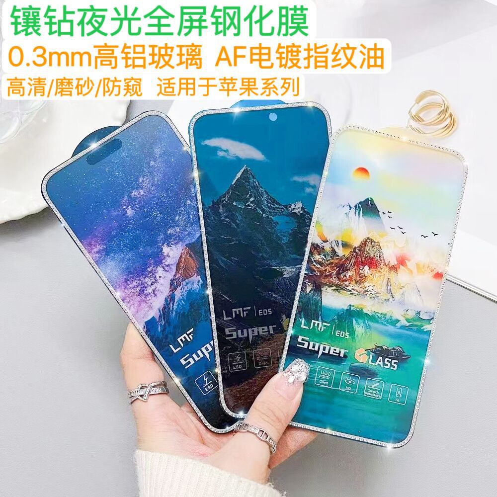 Suitable for iPhone 17 Pro Max Diamond-Encrusted Luminous Tempered Glass Film, Apple 16/15 Full-Screen Privacy Screen Protector 14/13