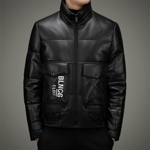 New Winter Sheepskin Down Jacket Genuine Leather Leather Motorcycle Fashion Leather Jacket Cold-proof Warm Thickened Jacket for Men